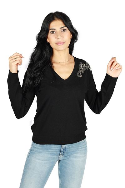 Liu Jo Pulover negru cu mânecă lungă, lână, cu decolteu în V, MF3013MS14G-22222