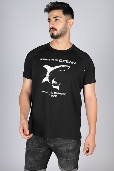 PAUL&SHARK Ανδρικό μπλουζάκι από βαμβακερό κανονικό ίσιο κοντομάνικο μαύρο 23411018 -011