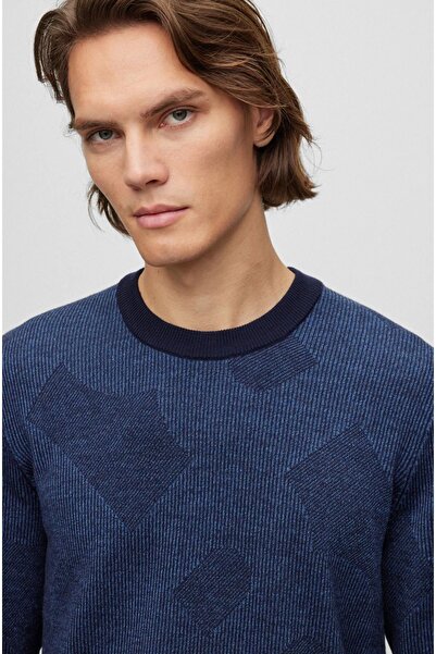 BOSS Erkek Pamuklu Marka Logolu Yuvarlak Yaka Lacivert Kazak 50500675-404