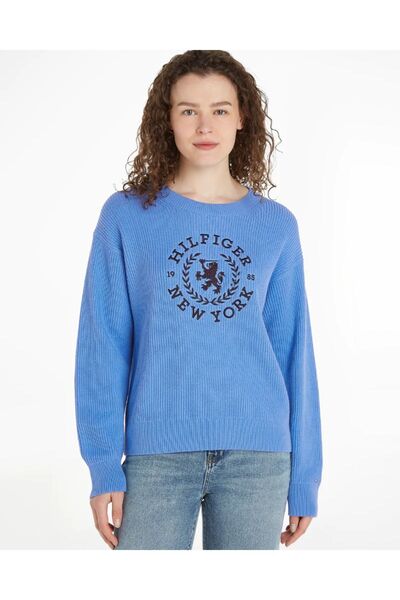 Tommy Hilfiger Kadın Baskılı Desenli Uzun Kollu Yuvarlak Yakalı Mavi Kazak WW0WW41146-C30