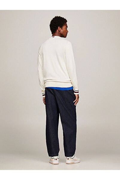 Tommy Hilfiger Erkek Logolu Yuvarlak Yakalı Uzun Kollu Günlük Kullanım Bej Kazak MW0MW33502-AEF