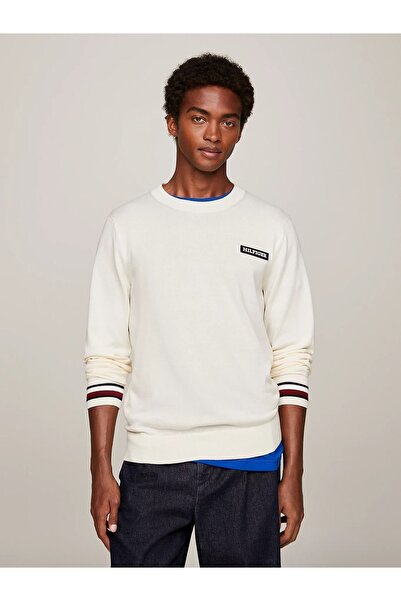 Tommy Hilfiger Erkek Logolu Yuvarlak Yakalı Uzun Kollu Günlük Kullanım Bej Kazak MW0MW33502-AEF