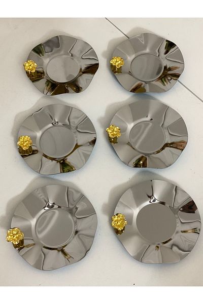 Elzem STAINLESS STEEL WAVY MODEL 6-PIECE TEA PLATE WITH JAPANESE ROSE ACCESSORIES