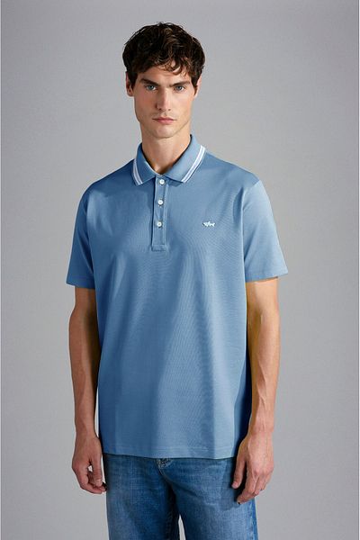 PAUL&SHARK Tricou pentru bărbați din bumbac cu guler polo, cu închidere cu nasturi, cu mânecă scurtă, albastru deschis, cu guler polo24411262-337