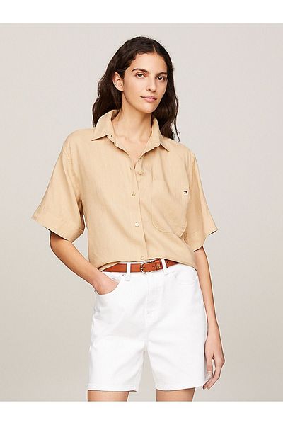 Tommy Hilfiger قميص بيج بأكمام طويلة وشعار العلامة التجارية للنساء WW0WW41392-ACR