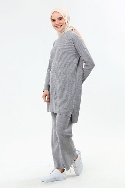 ilmek Women's Gray Braided Pants & Tunic Double Set 4278