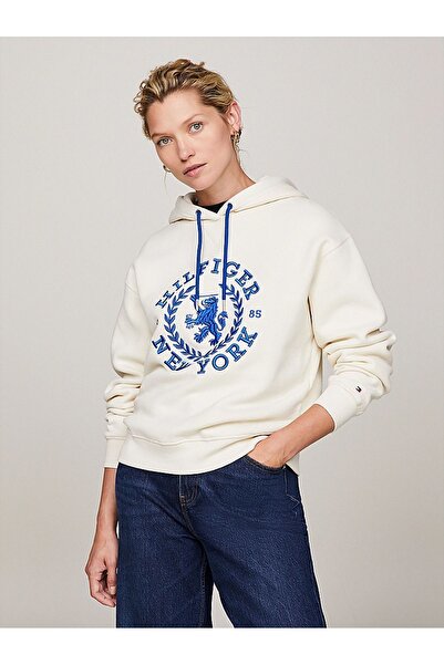 Tommy Hilfiger Kadın Marka Logolu Uzun Kollu Rahat Ekru Sweatshirt WW0WW40577-AEF