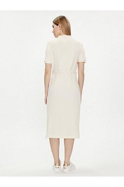 Tommy Hilfiger Kadın Pamuklu Polo Yakalı Rahat Kesim Günlük Kullanıma Uygun Bej Elbise WW0WW41278-AEF