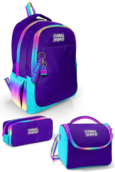 Coral High Set de 3 genți de școală cu fermoar curcubeu violet
