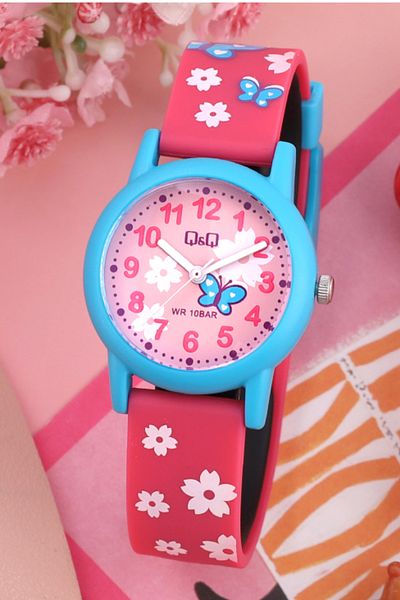 Q&Q Pink Flower Patterned Girl's Wristwatch - V23A-120VY
