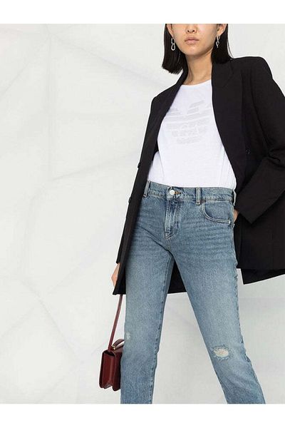 Emporio Armani Pantaloni albaștri din bumbac, cu fermoar, cu cinci buzunare, pentru femei, cu croiala normală 6h2j36 2d9qz-941