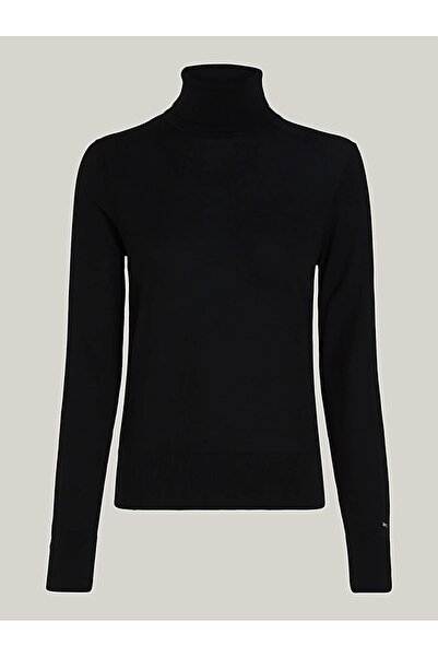 Tommy Hilfiger Kadın Logolu Yuvarlak Yakalı Uzun Kollu Günlük Kullanım Siyah Kazak WW0WW40982-BDS