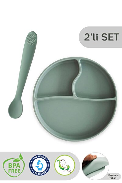 Meleni Baby 2'li Silikon Bebek Beslenme Seti - Vakumlu Tabak, Diş Kaşıyıcılı Silikon Kaşık - Yeşil