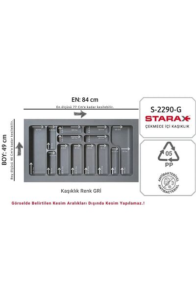 STARAX S-2290-Gp Gray Antibacterial Drawer - 90 Pieces Spoon Holder Module, D:49-40 cm Cut
