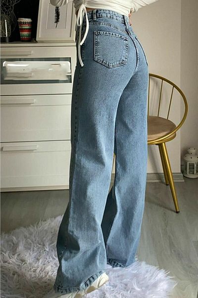 Livik Blugi albastru închis Power Lycra Medium Blue Snow Wash, talie înaltă, cu picioare late, din denim