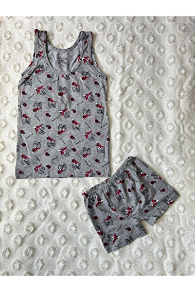 ERŞAH Erkek Çocuk Gri Likralı Desenli Askılı Atlet Boxer İkili Takım
