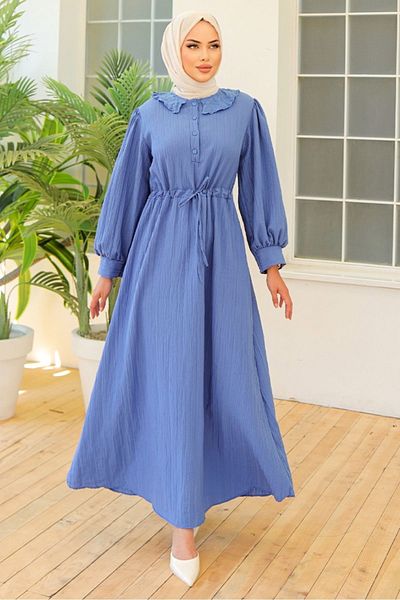 Bestenur Blue Lace Collar Tunnel Belt Dress - 969