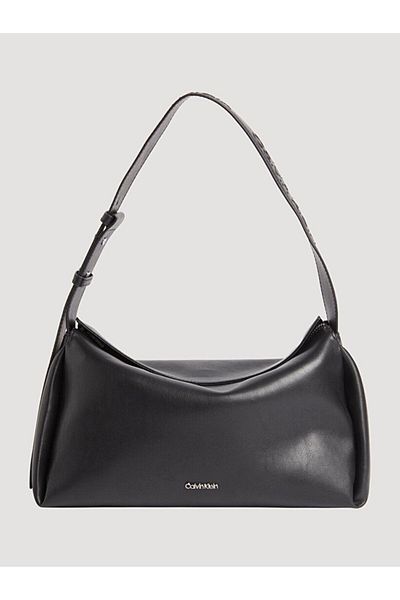 Calvin Klein Women's Leather Brand Logo Zippered Daily Use Black Shoulder Bag K60K611341-BEH