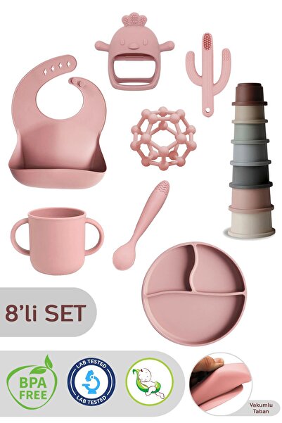 Meleni Baby 8'li Set Silikon Mama Önlüğü, Bardak, Vakumlu Tabak, Kaşık, Dişli...