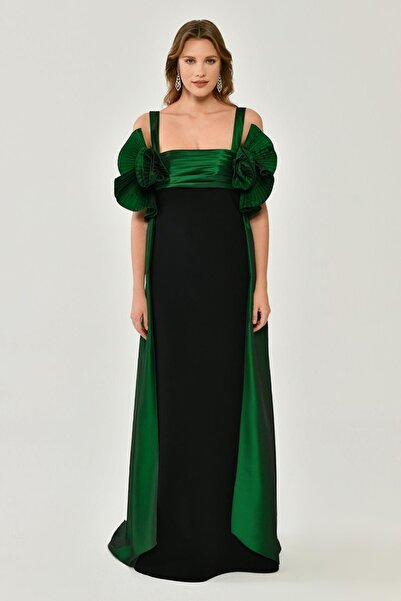 ALFABETA فستان سهرة نسائي طويل من قماش التفتا باللون الأسود والأخضر مع حمالة ...