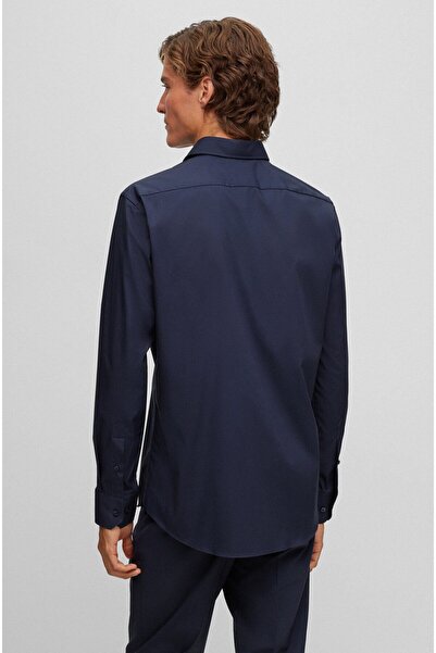 BOSS Erkek Marka Logolu Düğmeli Gömlek Yaka Uzun Kollu Lacivert Gömlek 50473265-404