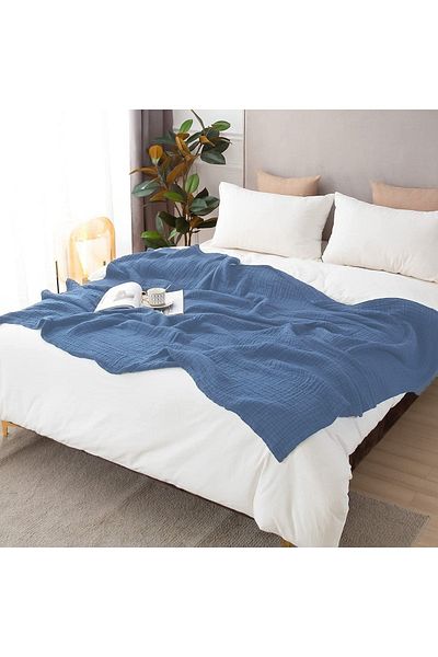 EVYA Oversized 230x240 cm 4 στρώσεων Muslin Pique Organic 100% βαμβάκι Μαλακό μπλε δροσερό κάλυμμα κρεβατιού