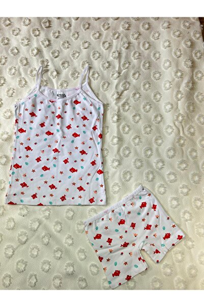 ERŞAH Kız Çocuk Beyaz Likralı Desenli İp Askılı Atlet Boxer İkili Takım