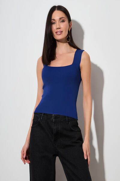 Baluxe Women's Sax Blue Thick Strap Square Neck Knitwear Blouse