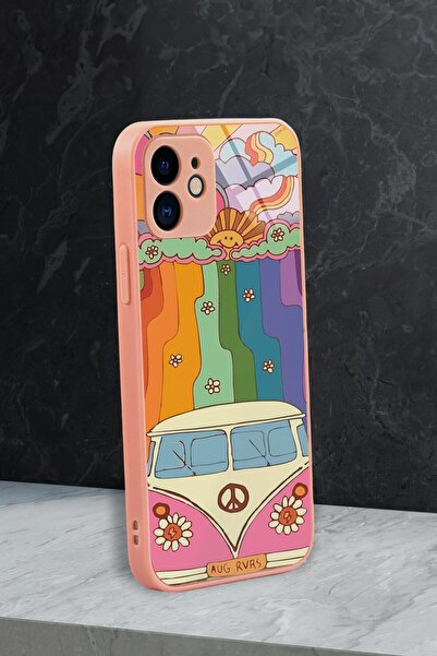 mooodcase iPhone 11 Uyumlu Sevimi Karavan Desenli Glossy Glass Kamera Korumalı Silikonlu Telefon Kılıfı