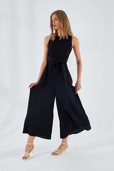 Mixray 4530 Women's Black Loose Wide Leg Linen Jumpsuit