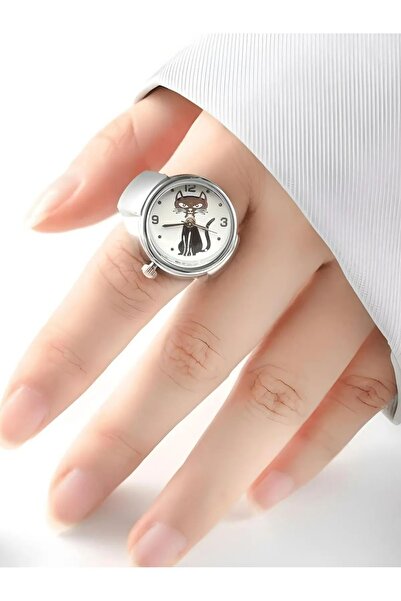 Bozhi Şans Kedi Yüzük Saat, Gümüş Renk - Parmak Saat, Minik Yüzük Saat, Yuvar...