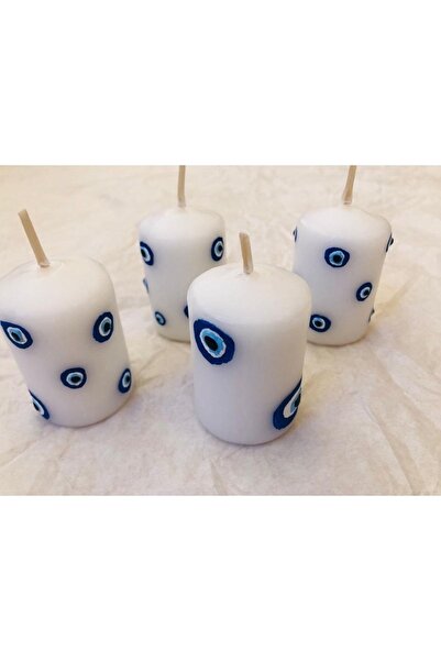 Horizon Mum S&h Deko Tasarım 2026 4’ Lü Kısa Bar Mumu Varaklı Mat Beyaz Nazar Boncuklu