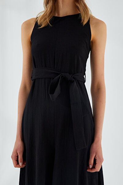 Mixray 4530 Women's Black Loose Wide Leg Linen Jumpsuit