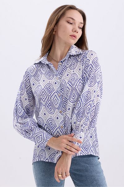 MD trend Cămașă oversize din satin cu model etnic - Detaliu cu mâneci cu balon și umeri