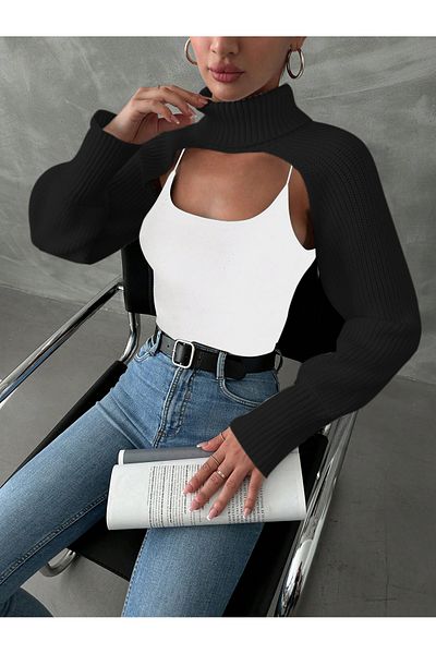 AQE FASHION Bluză de damă Crop neagră - Bolero cu gât