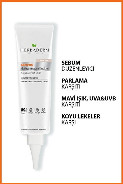 Herbaderm Akne Ve Yağlanma Karşıtı, Matlaştırıcı Güneş Koruyucu Krem Spf 50 Renkli Açık Ton 40 ml