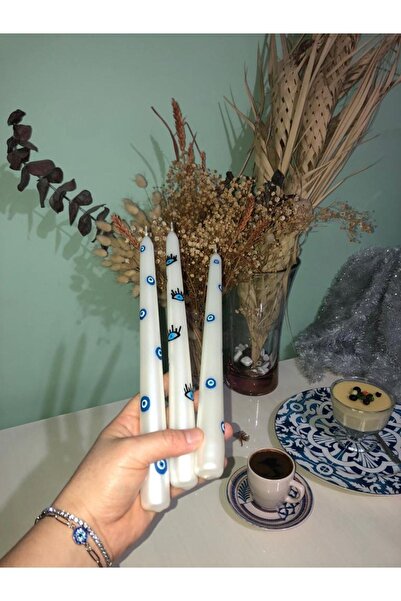 Horizon Mum 2026 3 Adet Varaklı Inci Renk Şamdam Mumu Nazar Boncuklu