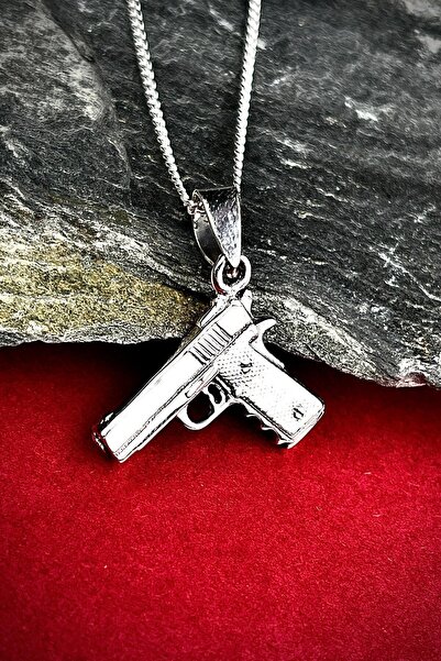 Ebrar Silver Gümüş Tabanca Kolye 925 Ayar Gümüş Tabanca Figürlü Gümüş Erkek K...