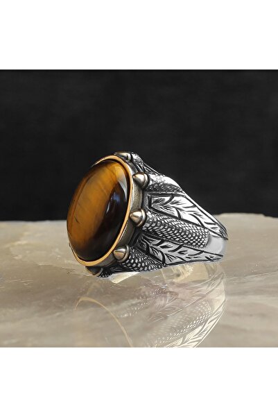 RevSilver 925 Ayar Gümüş Yüzük Doğal Taşlı Labradorit Pietersite Ve Kaplan Gö...