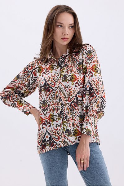 MD trend Cămașă oversize din satin cu model etnic - Detaliu cu mâneci cu balon și umeri