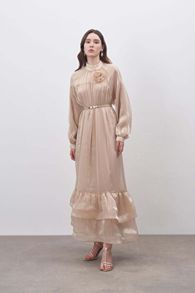 FUSHYA Shiny Chiffon Evening Dress - Flower Detailed Dress