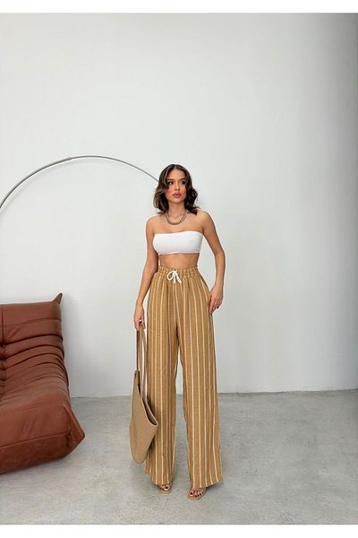 Know Nerzfarbene, gestreifte Hose mit weitem Bein und elastischer Taille im Denim-Look