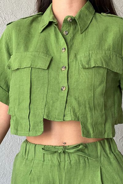 Seda Yalçın Atelier Premium Linen Green Crop Shirt