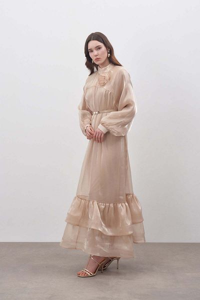 FUSHYA Shiny Chiffon Evening Dress - Flower Detailed Dress