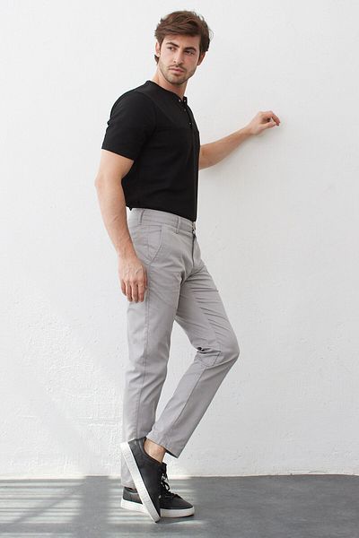 RAVANELLI Ανοιχτό γκρι Lycra Woven Slim Fit Ανδρικό παντελόνι Chino - Πλαϊνή τσέπη