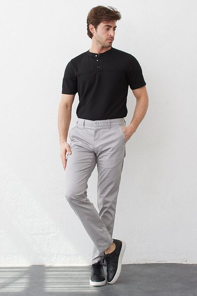 RAVANELLI Ανοιχτό γκρι Lycra Woven Slim Fit Ανδρικό παντελόνι Chino - Πλαϊνή τσέπη