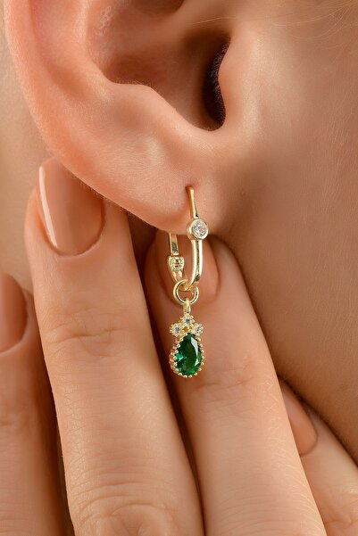 Çgk Çiğdem Gürel Kuyumculuk 8 Ayar Altın Zümrüt Yeşili Damla Taşlı Sallantılı...