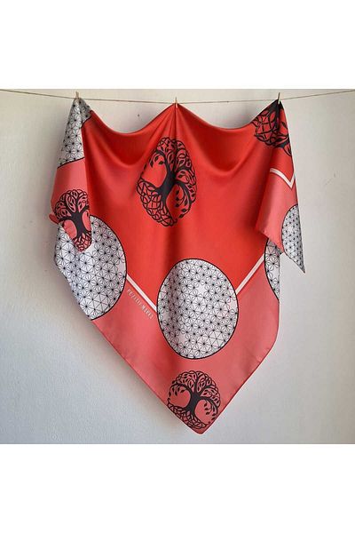 POZİTİF MRK Red Scarf Design Flower of Life Tree of Life Symbol Pattern Red 105Cmx105Cm