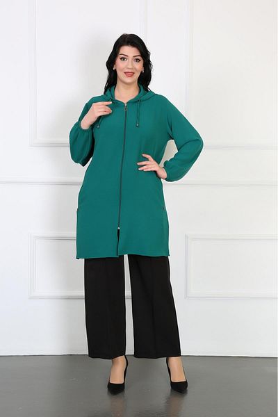 By Alba Collection Women's Imported Ayrobin Fabric Large Size Hooded Cardigan Emerald Green