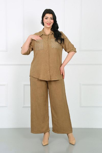 By Alba Collection Γυναικείο πουκάμισο σε ανοιχτό καφέ πέτρινο Λεπτομερές μαλακό λινό μεγάλο μέγεθος